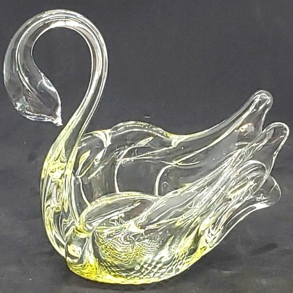 Chalet Glass Vintage Hand Blown Clear Yellow Textured Base Art Glass Swan Dish